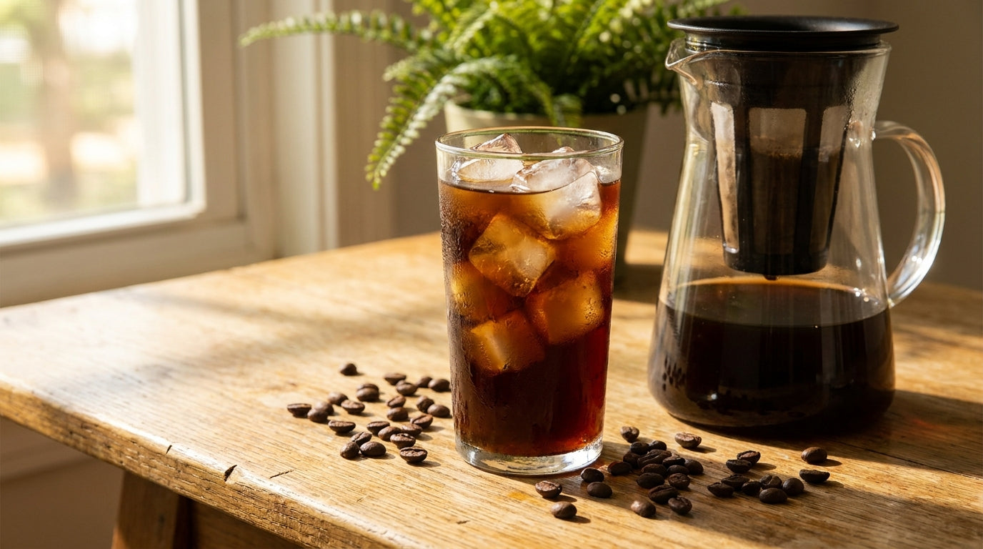 Cold brew w wysokiej szklance z lodem obok karafki z filtrem do maceracji